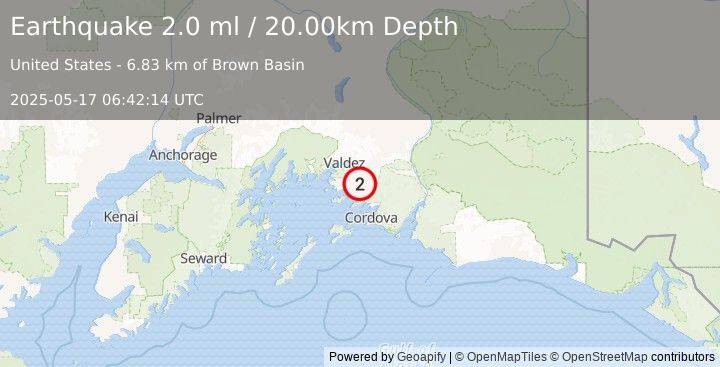 Earthquake 31 km SE of Valdez, Alaska (2.0 ml) (2025-05-17 06:42:14 UTC)