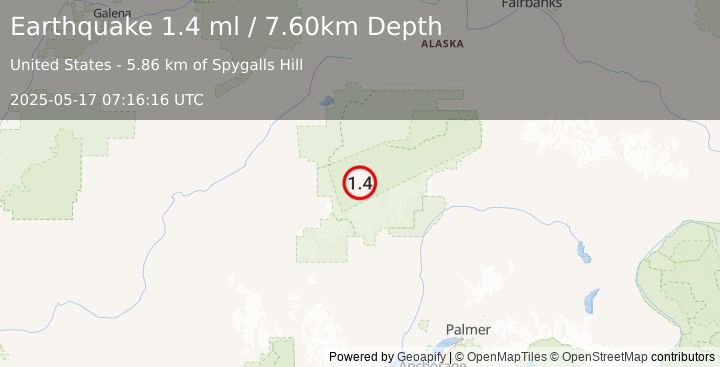 Earthquake 52 km SSE of Denali National Park, Alaska (1.4 ml) (2025-05-17 07:16:16 UTC)