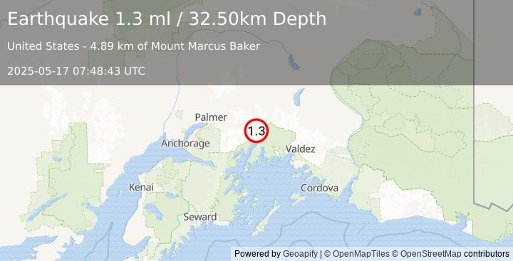 Earthquake 45 km S of Glacier View, Alaska (1.3 ml) (2025-05-17 07:48:43 UTC)