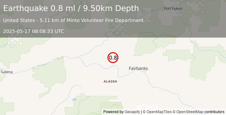 Earthquake 6 km W of Minto, Alaska (0.8 ml) (2025-05-17 08:08:33 UTC)