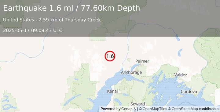 Earthquake 24 km S of Skwentna, Alaska (1.6 ml) (2025-05-17 09:09:43 UTC)