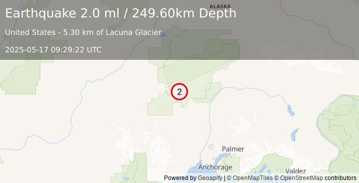 Earthquake 47 km NW of Petersville, Alaska (2.0 ml) (2025-05-17 09:29:22 UTC)