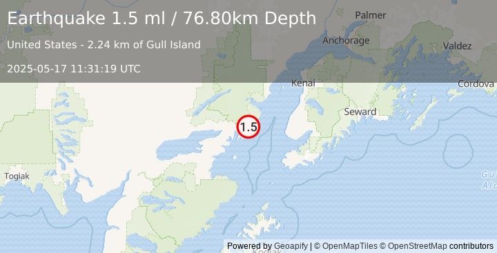 Earthquake 62 km E of Pedro Bay, Alaska (1.5 ml) (2025-05-17 11:31:19 UTC)