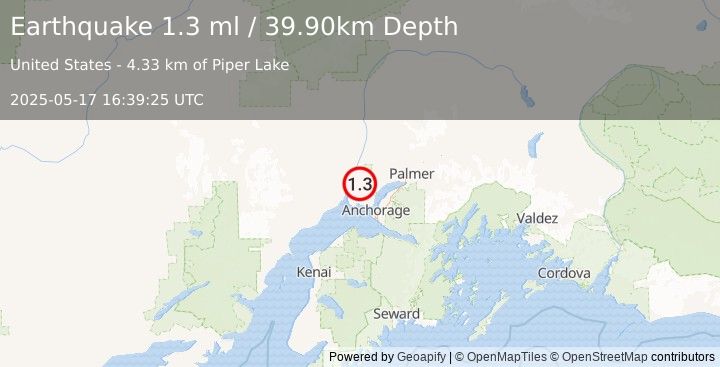 Earthquake 15 km ESE of Susitna, Alaska (1.3 ml) (2025-05-17 16:39:25 UTC)