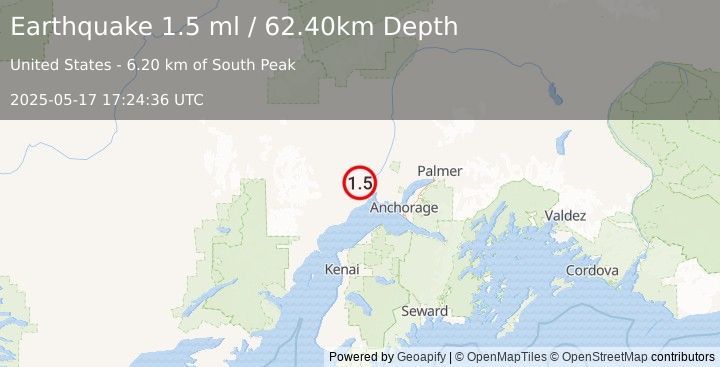 Earthquake 20 km WSW of Susitna, Alaska (1.5 ml) (2025-05-17 17:24:36 UTC)