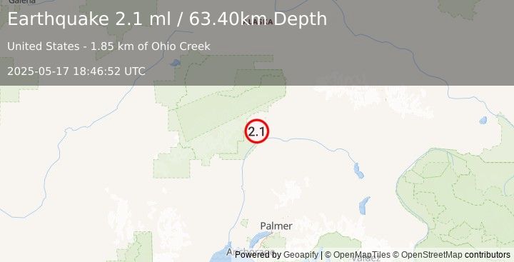Earthquake 59 km NNE of Chase, Alaska (2.1 ml) (2025-05-17 18:46:52 UTC)