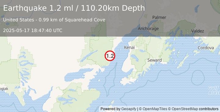 Earthquake 58 km WNW of Ninilchik, Alaska (1.2 ml) (2025-05-17 18:47:40 UTC)