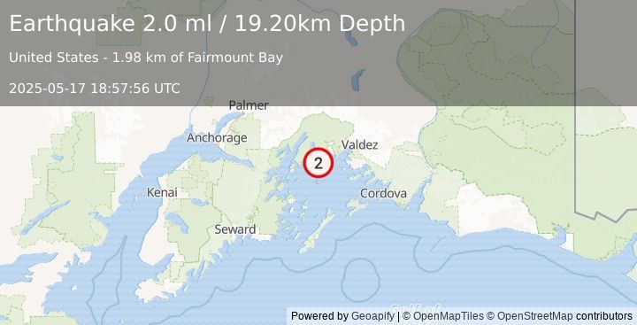 Earthquake 38 km W of Tatitlek, Alaska (2.0 ml) (2025-05-17 18:57:56 UTC)