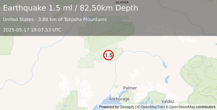 Earthquake 25 km N of Petersville, Alaska (1.5 ml) (2025-05-17 19:07:53 UTC)