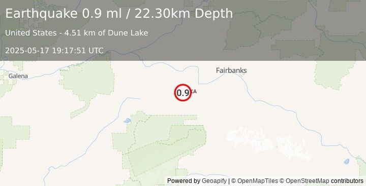 Earthquake 30 km WNW of Anderson, Alaska (0.9 ml) (2025-05-17 19:17:51 UTC)