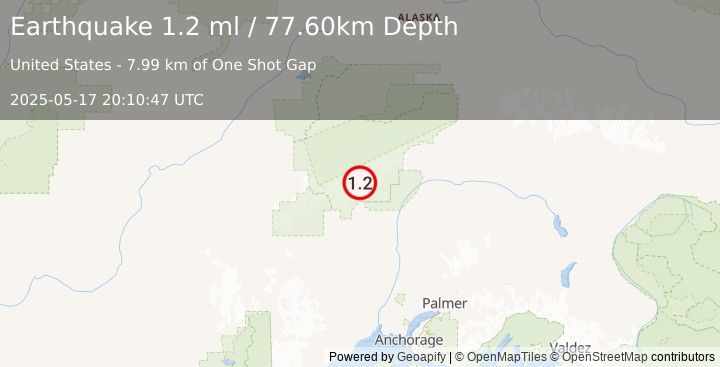 Earthquake 37 km NNW of Petersville, Alaska (1.2 ml) (2025-05-17 20:10:47 UTC)