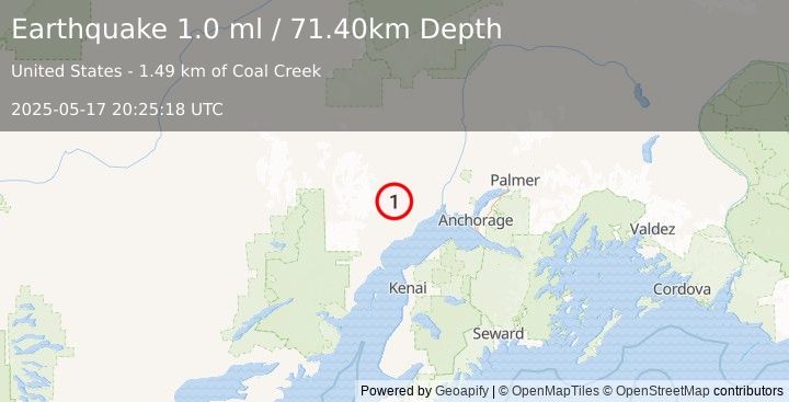 Earthquake 37 km NW of Beluga, Alaska (1.0 ml) (2025-05-17 20:25:18 UTC)