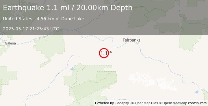 Earthquake 30 km WNW of Anderson, Alaska (1.1 ml) (2025-05-17 21:25:43 UTC)