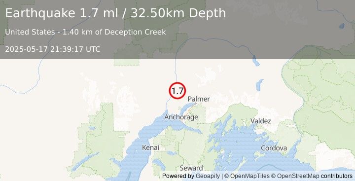 Earthquake 3 km NNW of Willow, Alaska (1.7 ml) (2025-05-17 21:39:17 UTC)