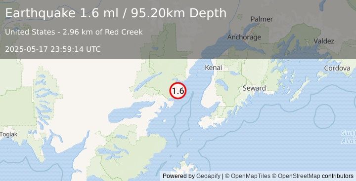 Earthquake 62 km W of Happy Valley, Alaska (1.6 ml) (2025-05-17 23:59:14 UTC)