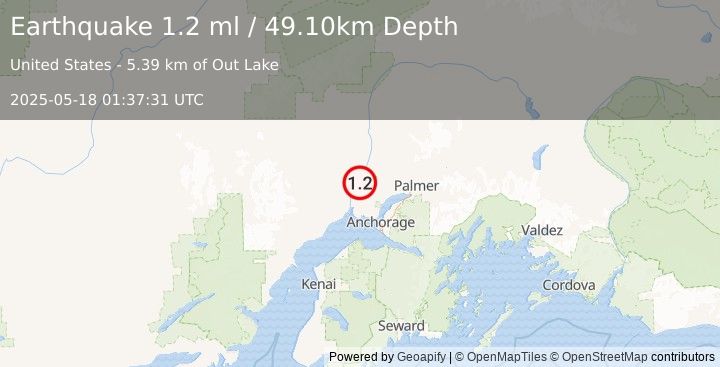Earthquake 11 km NE of Susitna, Alaska (1.2 ml) (2025-05-18 01:37:31 UTC)