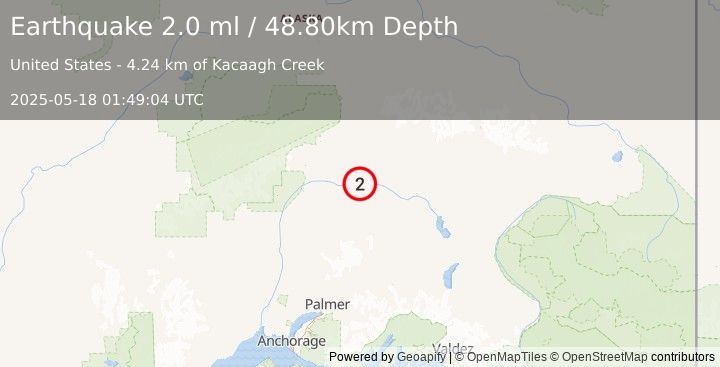 Earthquake 68 km SSE of Cantwell, Alaska (2.0 ml) (2025-05-18 01:49:04 UTC)
