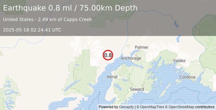 Earthquake 33 km NW of Beluga, Alaska (0.8 ml) (2025-05-18 02:24:41 UTC)