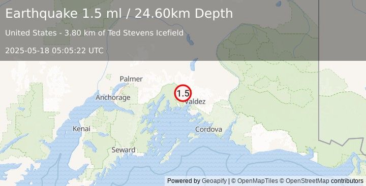 Earthquake 33 km NW of Valdez, Alaska (1.5 ml) (2025-05-18 05:05:22 UTC)