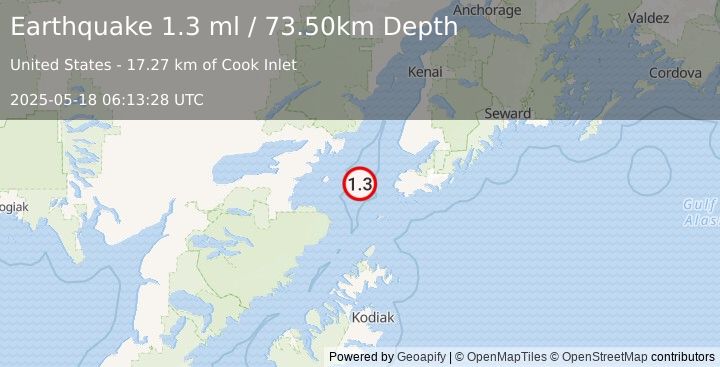 Earthquake 43 km W of Nanwalek, Alaska (1.3 ml) (2025-05-18 06:13:28 UTC)