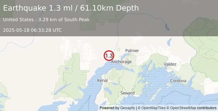 Earthquake 19 km SW of Susitna, Alaska (1.3 ml) (2025-05-18 06:33:28 UTC)
