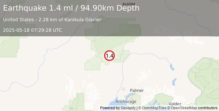 Earthquake 35 km NNW of Petersville, Alaska (1.4 ml) (2025-05-18 07:29:28 UTC)