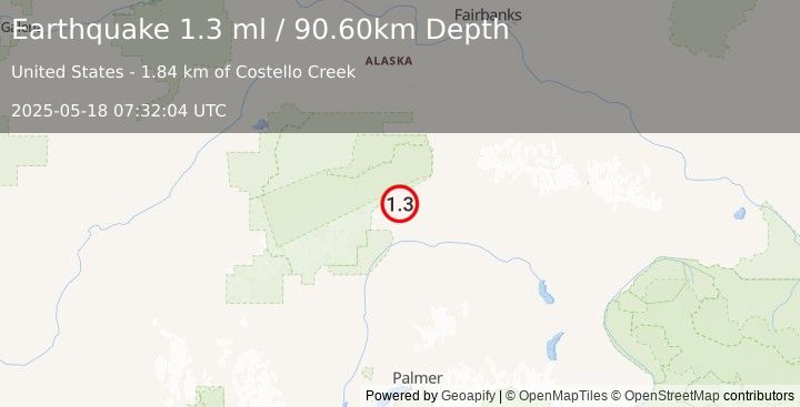 Earthquake 33 km SW of Cantwell, Alaska (1.3 ml) (2025-05-18 07:32:04 UTC)