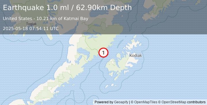 Earthquake 44 km NNW of Karluk, Alaska (1.0 ml) (2025-05-18 07:54:11 UTC)