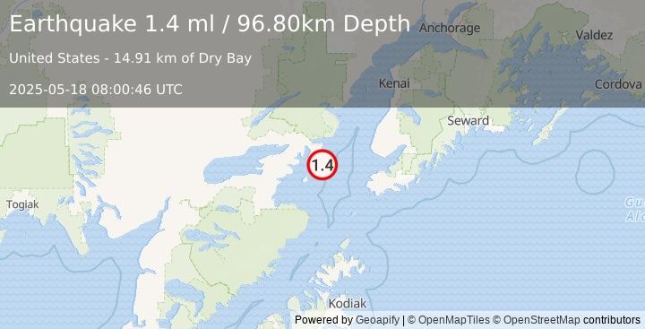 Earthquake 65 km WNW of Nanwalek, Alaska (1.4 ml) (2025-05-18 08:00:46 UTC)