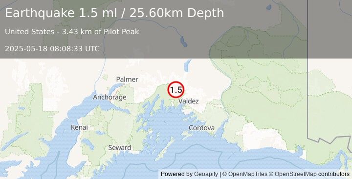 Earthquake 40 km NW of Valdez, Alaska (1.5 ml) (2025-05-18 08:08:33 UTC)