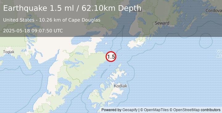 Earthquake 84 km SW of Nanwalek, Alaska (1.5 ml) (2025-05-18 09:07:50 UTC)