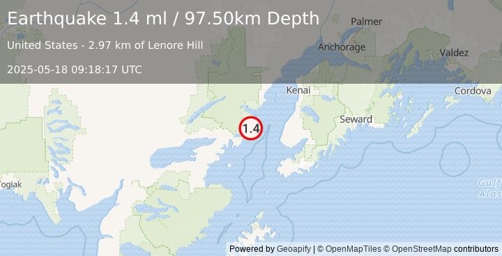 Earthquake 55 km WNW of Anchor Point, Alaska (1.4 ml) (2025-05-18 09:18:17 UTC)