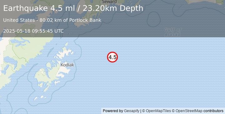Earthquake 189 km ENE of Chiniak, Alaska (4.5 ml) (2025-05-18 09:55:45 UTC)