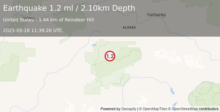 Earthquake 33 km E of Denali National Park, Alaska (1.2 ml) (2025-05-18 11:39:26 UTC)