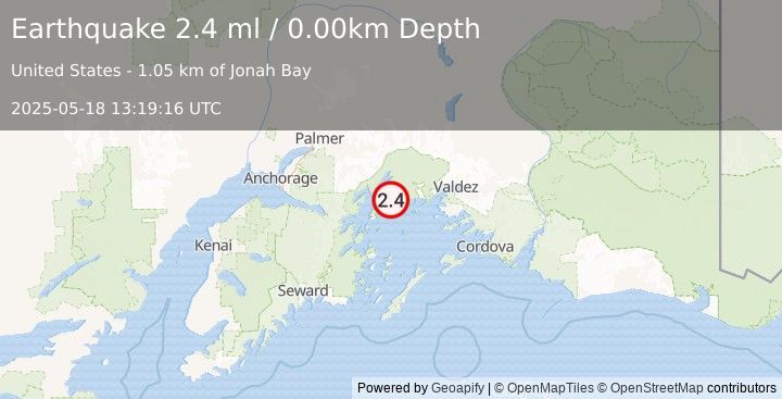 Earthquake 55 km WNW of Tatitlek, Alaska (2.4 ml) (2025-05-18 13:19:16 UTC)