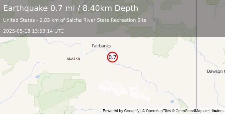 Earthquake 3 km SSW of Salcha, Alaska (0.7 ml) (2025-05-18 13:53:14 UTC)