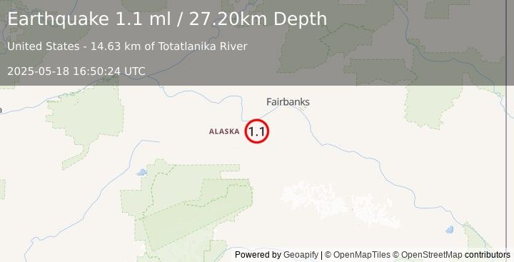 Earthquake 24 km ESE of Nenana, Alaska (1.1 ml) (2025-05-18 16:50:24 UTC)