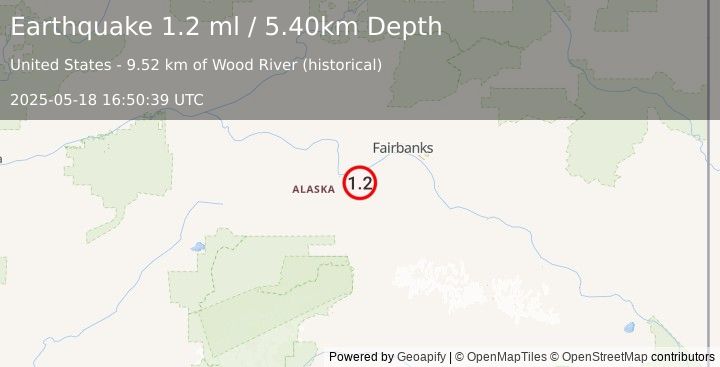 Earthquake 22 km ESE of Nenana, Alaska (1.2 ml) (2025-05-18 16:50:39 UTC)