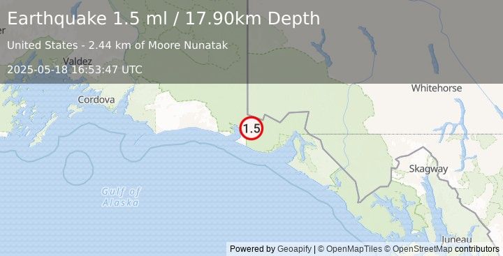 Earthquake 88 km NW of Yakutat, Alaska (1.5 ml) (2025-05-18 16:53:47 UTC)