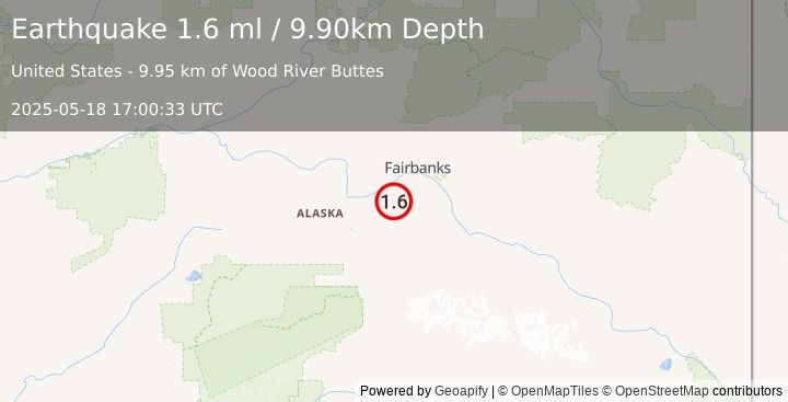 Earthquake 34 km SSW of Ester, Alaska (1.6 ml) (2025-05-18 17:00:33 UTC)