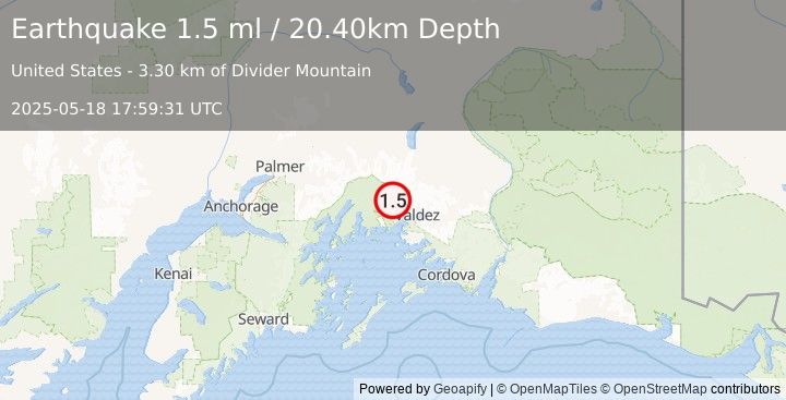 Earthquake 30 km WNW of Valdez, Alaska (1.5 ml) (2025-05-18 17:59:31 UTC)
