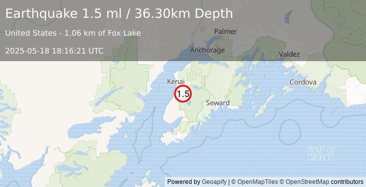 Earthquake 18 km ESE of Kasilof, Alaska (1.5 ml) (2025-05-18 18:16:21 UTC)