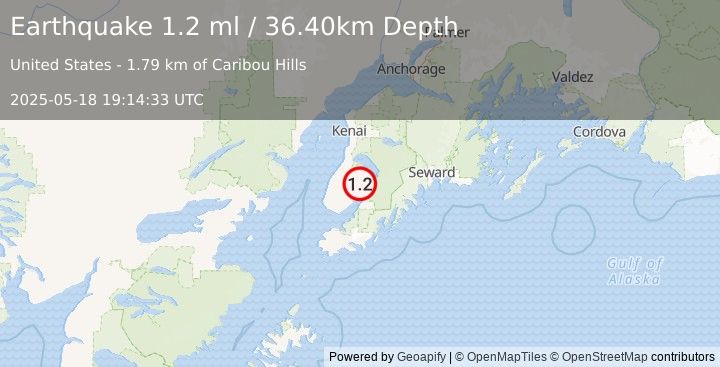 Earthquake 13 km NNW of Fox River, Alaska (1.2 ml) (2025-05-18 19:14:33 UTC)
