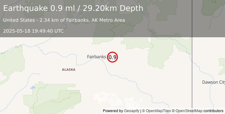 Earthquake 14 km ESE of Pleasant Valley, Alaska (0.9 ml) (2025-05-18 19:49:40 UTC)
