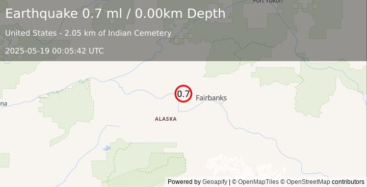 Earthquake 33 km SE of Minto, Alaska (0.7 ml) (2025-05-19 00:05:42 UTC)