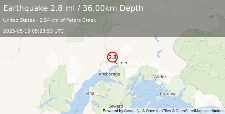 Earthquake 18 km NNW of Meadow Lakes, Alaska (2.8 ml) (2025-05-19 05:23:53 UTC)