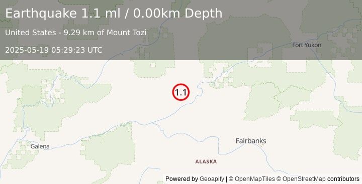 Earthquake 37 km NW of Rampart, Alaska (1.1 ml) (2025-05-19 05:29:23 UTC)