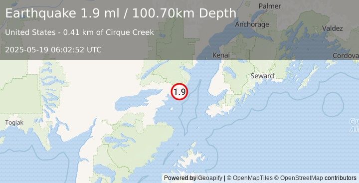 Earthquake 57 km E of Pedro Bay, Alaska (1.9 ml) (2025-05-19 06:02:52 UTC)