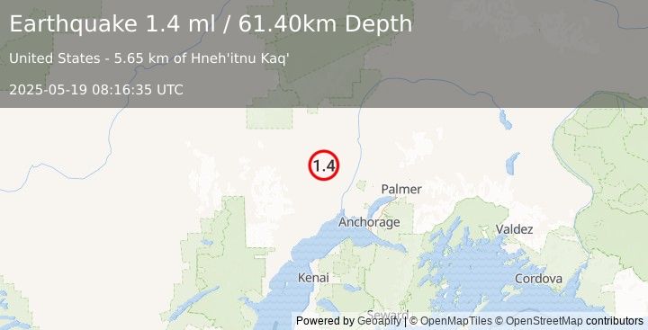 Earthquake 24 km ESE of Skwentna, Alaska (1.4 ml) (2025-05-19 08:16:35 UTC)