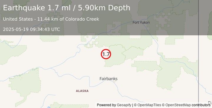 Earthquake 31 km ENE of Livengood, Alaska (1.7 ml) (2025-05-19 09:34:43 UTC)